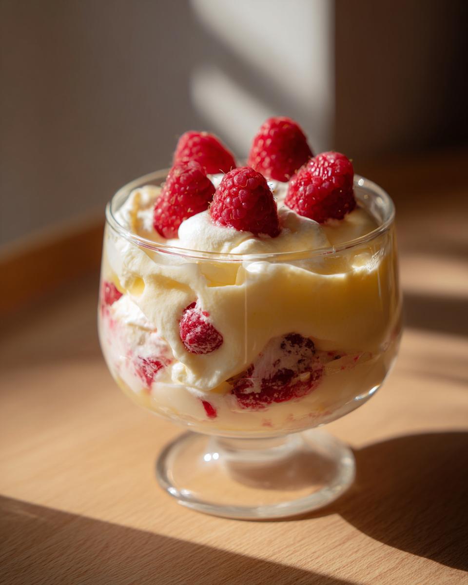 Glass bowl filled with creamy Lemon Raspberry Fluff topped with fresh raspberries