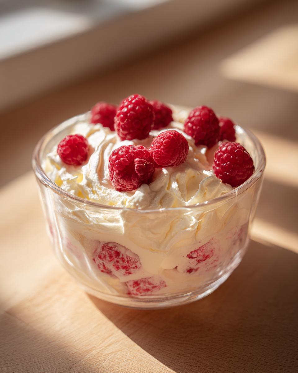 Glass bowl filled with Lemon Raspberry Fluff topped with fresh raspberries