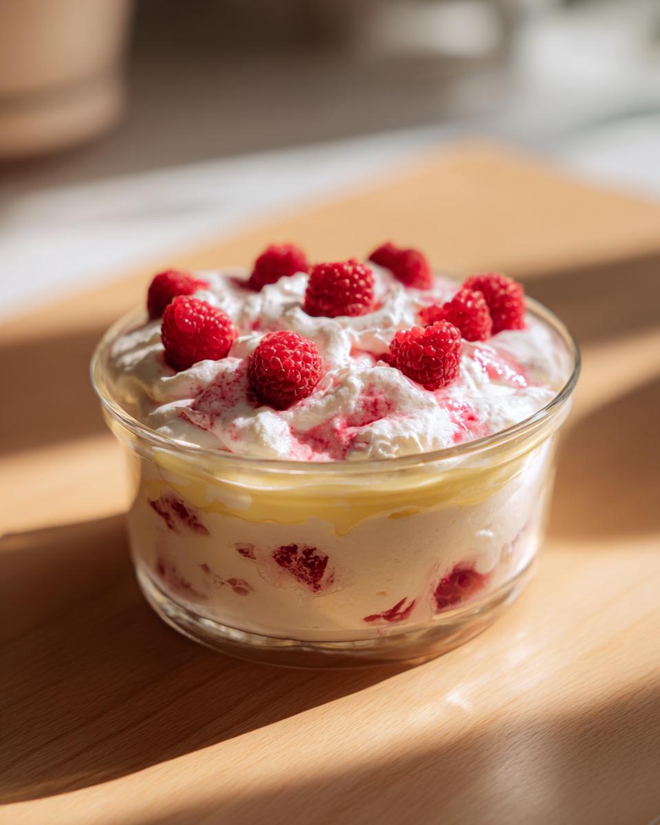 Glass bowl filled with lemon raspberry fluff topped with fresh raspberries and whipped cream