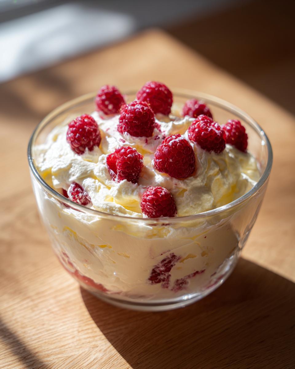 Glass bowl filled with creamy Lemon Raspberry Fluff topped with fresh raspberries.
