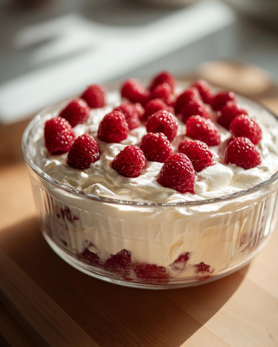 Glass bowl filled with creamy Lemon Raspberry Fluff topped with fresh raspberries.