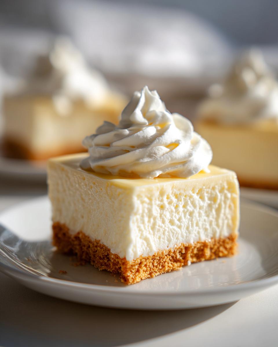 Square slice of no-bake lemon dessert with graham cracker crust and whipped cream topping.
