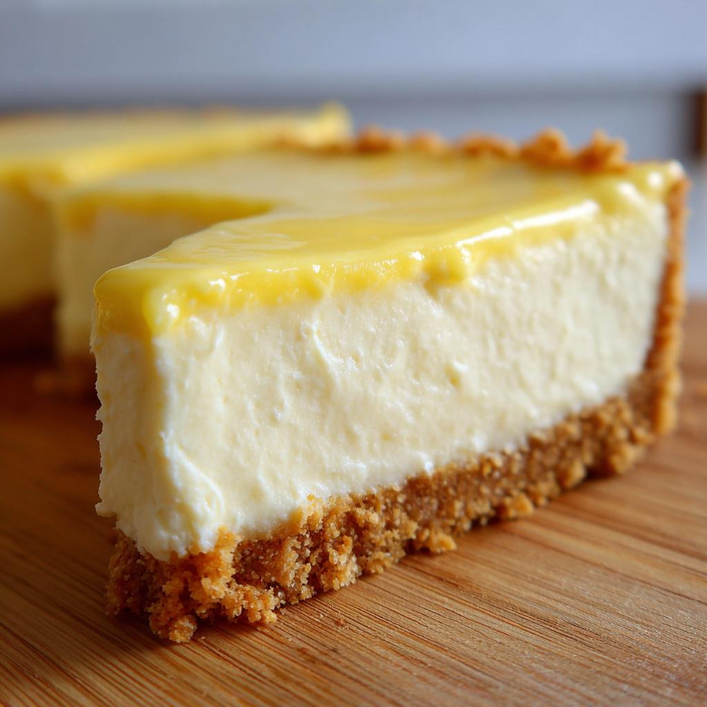Close-up of a creamy no-bake lemon dessert slice with a crumbly graham cracker crust.