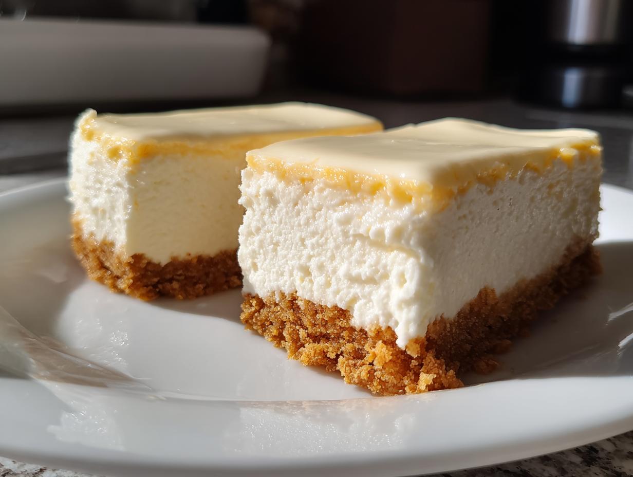 Two creamy no-bake lemon dessert squares with crumb crust on white plate.