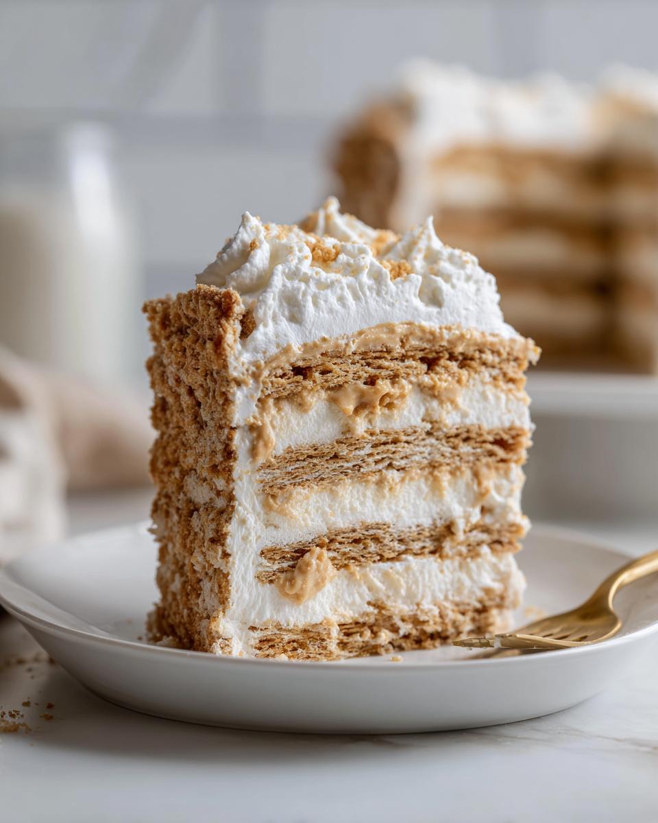 Close-up of a slice of Peanut Butter Icebox Cake with layers of whipped cream and crackers.