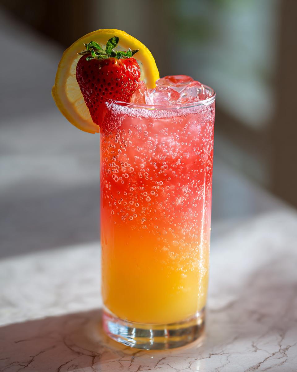 Glass of strawberry pineapple lemonade with ice, garnished with strawberry and lemon slice