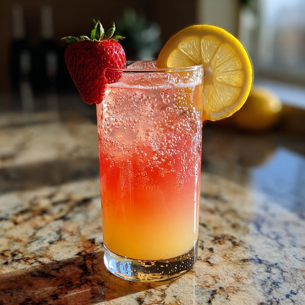 Glass of Strawberry Pineapple Lemonade with ice, garnished with strawberry and lemon slice