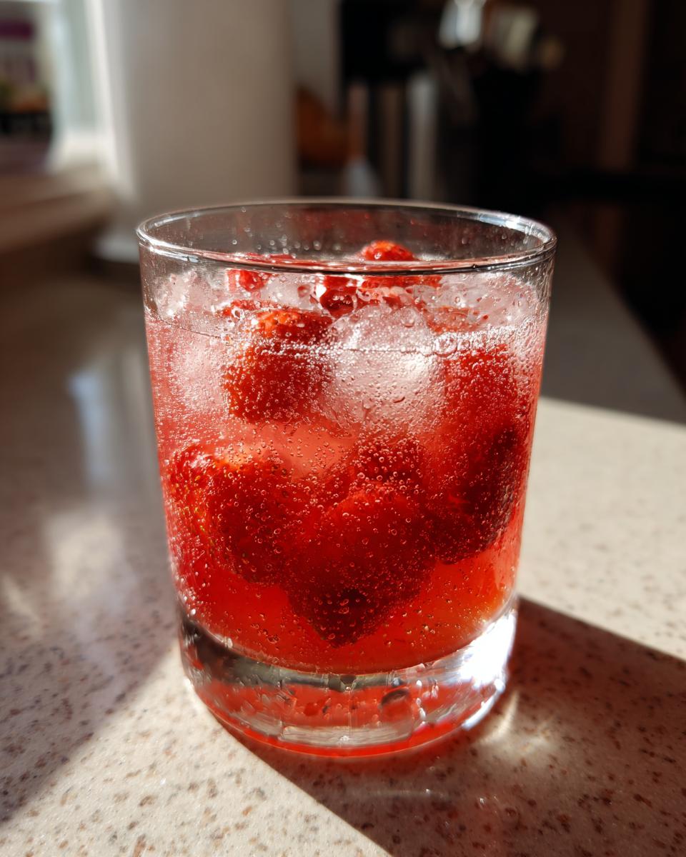 Glass of summer mocktails with ice and fresh red berries sparkling in sunlight