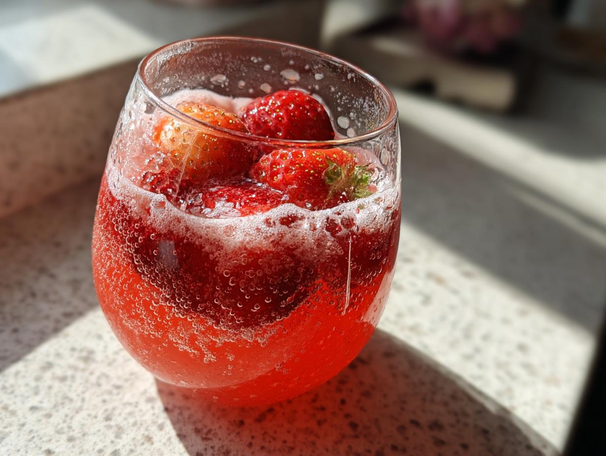 Glass of sparkling red summer mocktails with fresh strawberries and bubbles.