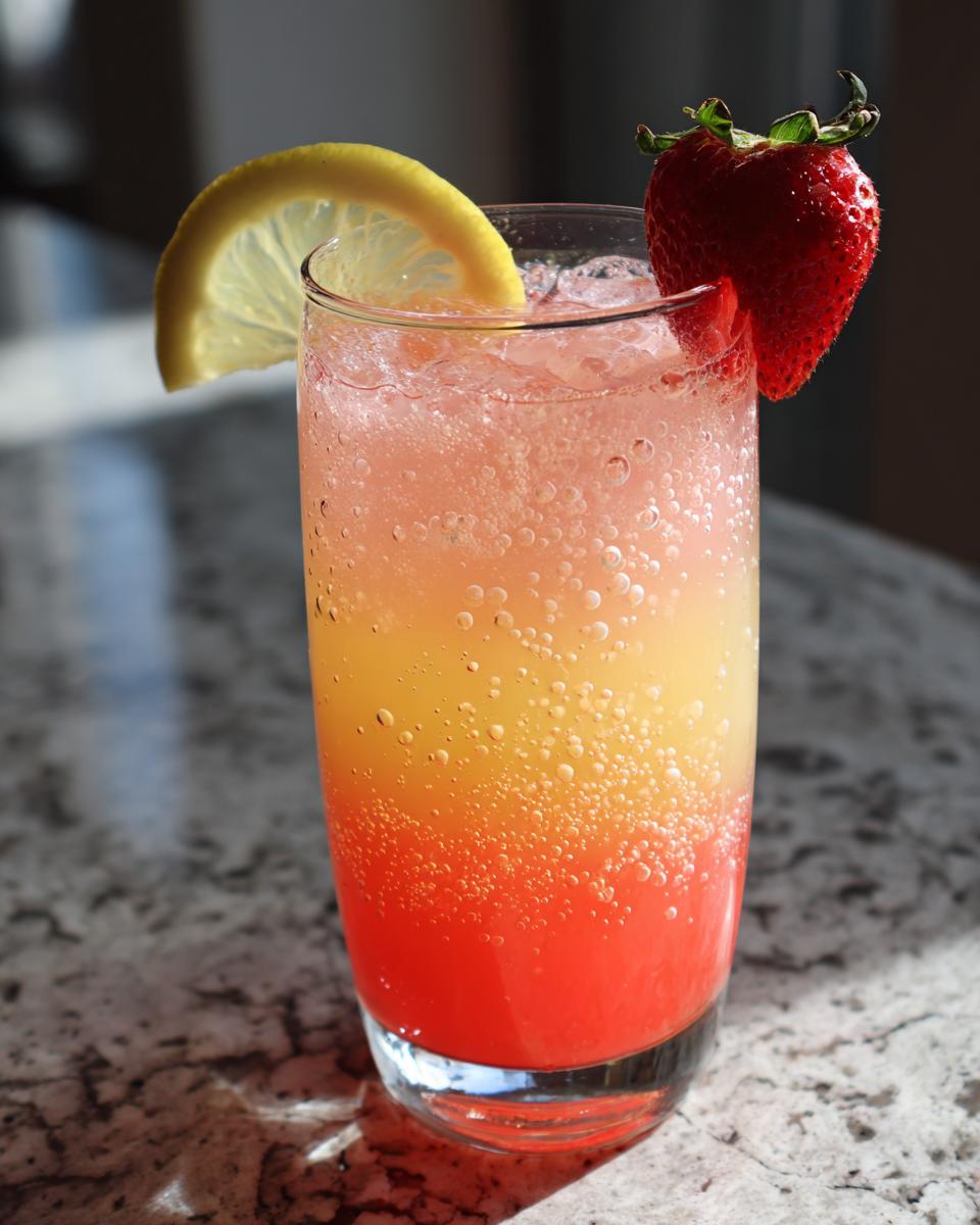 Glass of sparkling Strawberry Pineapple Lemonade with lemon slice and strawberry garnish
