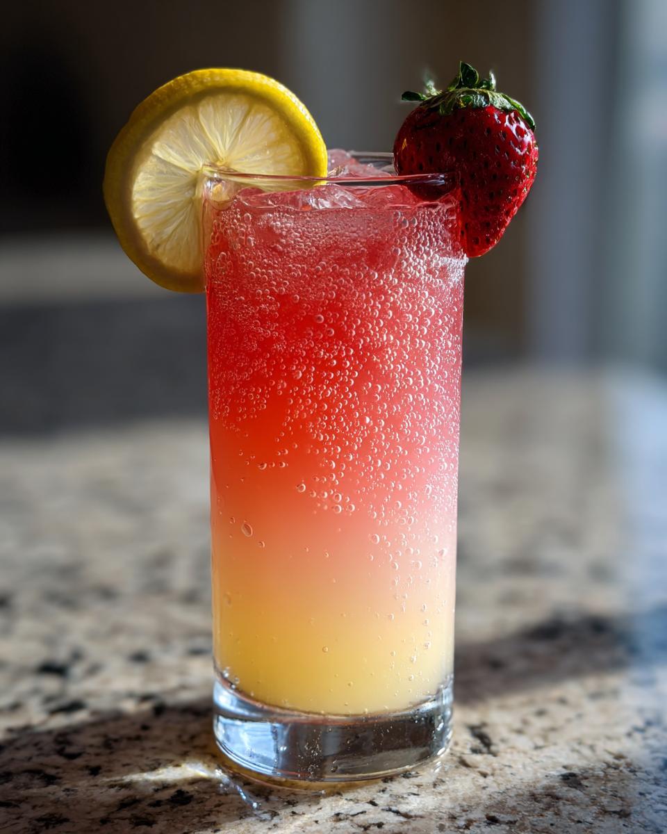 Glass of strawberry pineapple lemonade with lemon slice and strawberry garnish