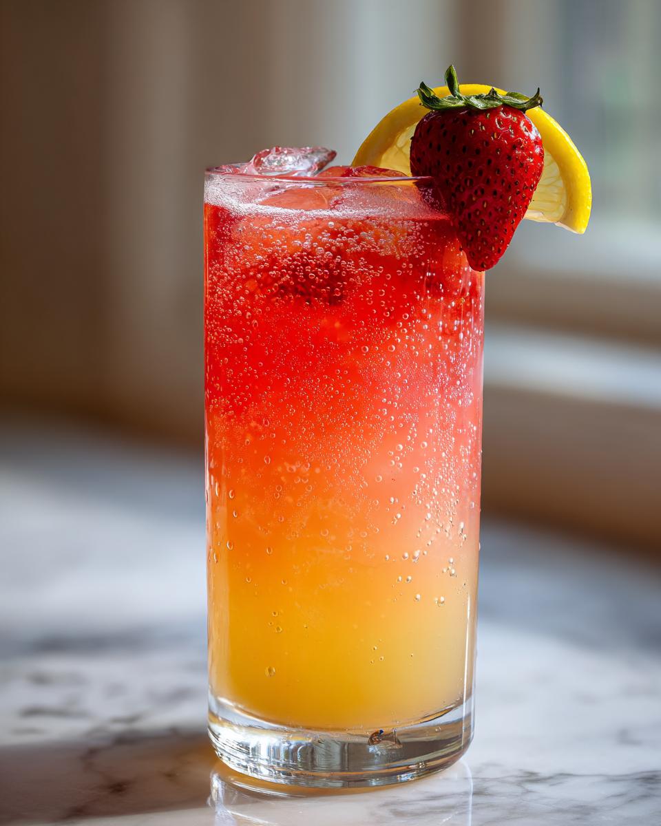 Glass of strawberry pineapple lemonade with ice, garnished with a strawberry and lemon slice.