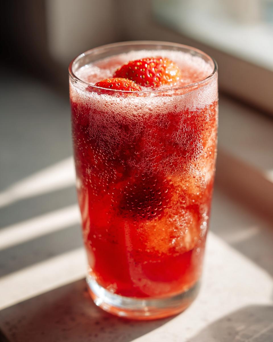 Glass of sparkling red strawberry summer mocktail with fresh strawberries on top