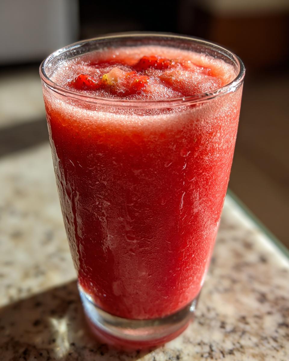 Close-up of a red strawberry summer mocktail in a glass with crushed ice and fruit pieces.