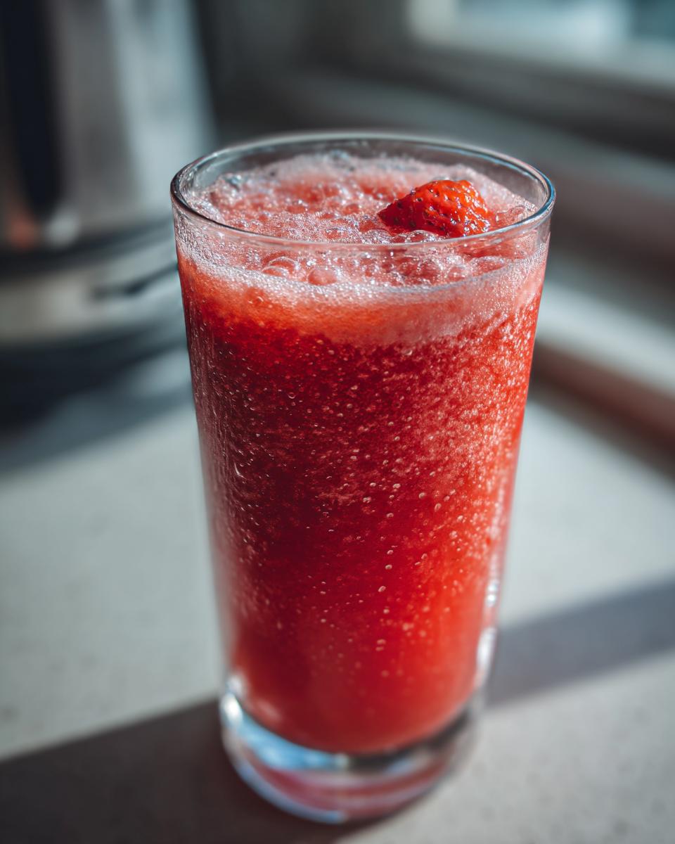Close-up of a red strawberry summer mocktail with frothy top and a strawberry garnish.