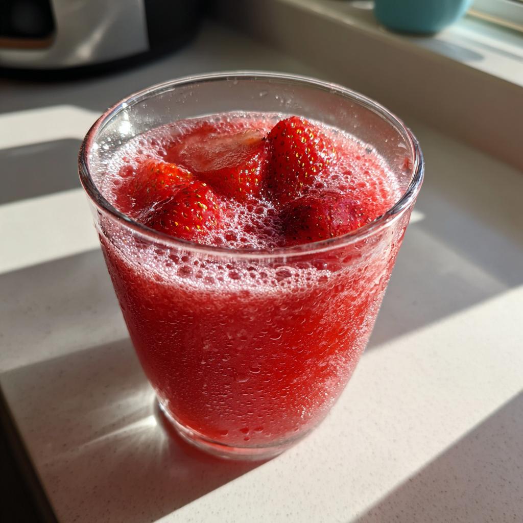 Glass filled with a bright red strawberry summer mocktail with ice and bubbles.