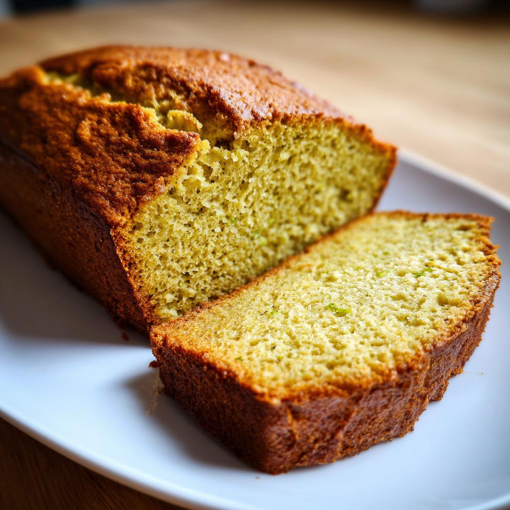 Close-up of a sliced loaf of sweet avocado quick bread on a white plate.