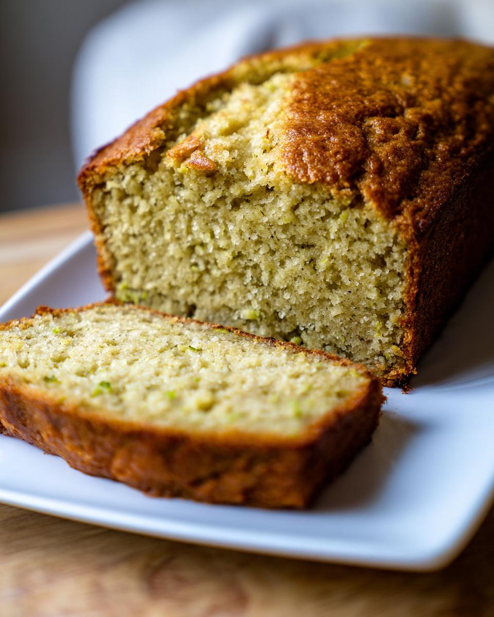 Close-up of a sliced loaf of sweet avocado quick bread on a white plate.