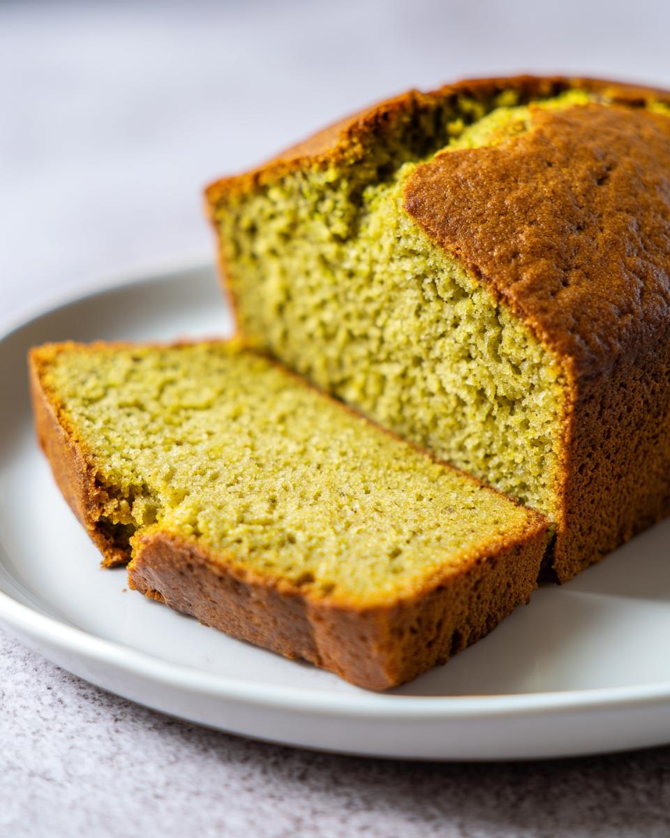 Slice of moist Sweet Avocado Quick Bread on a white plate with golden crust.