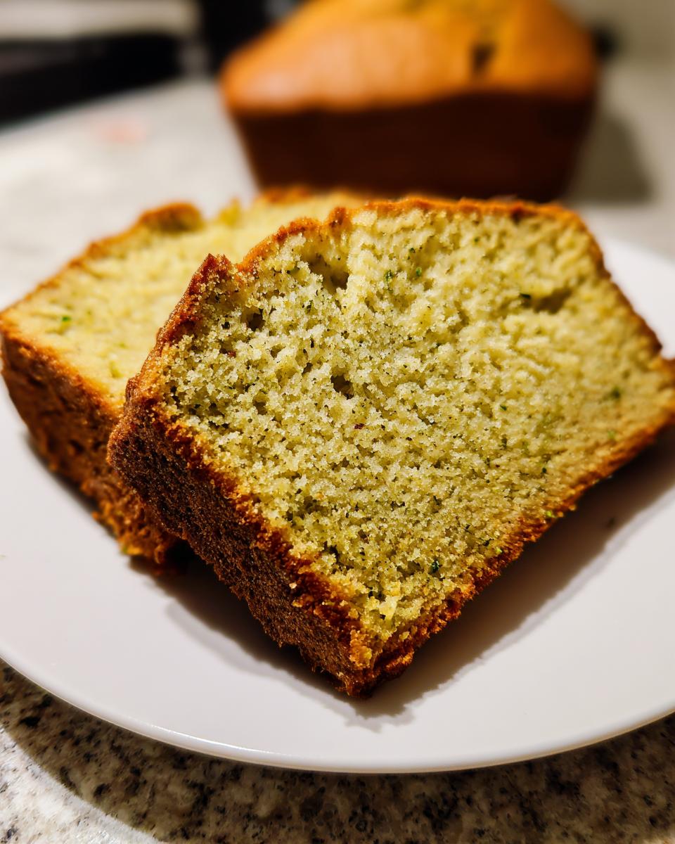 Two slices of moist Sweet Avocado Quick Bread on a white plate with loaf in background.