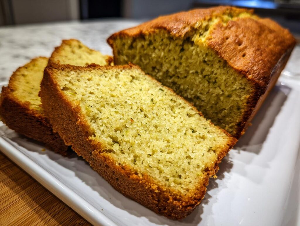 Slices of moist Sweet Avocado Quick Bread on a white plate with golden crust