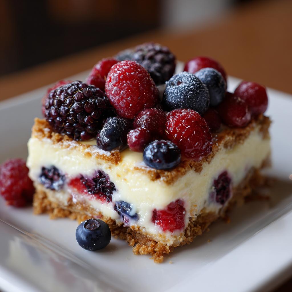 Close-up of a slice of Very Berry Dessert Lasagna topped with fresh raspberries, blackberries, and blueberries.