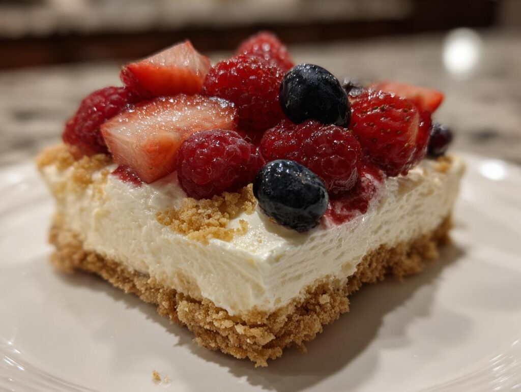 Slice of Very Berry Dessert Lasagna topped with strawberries, raspberries, and blueberries