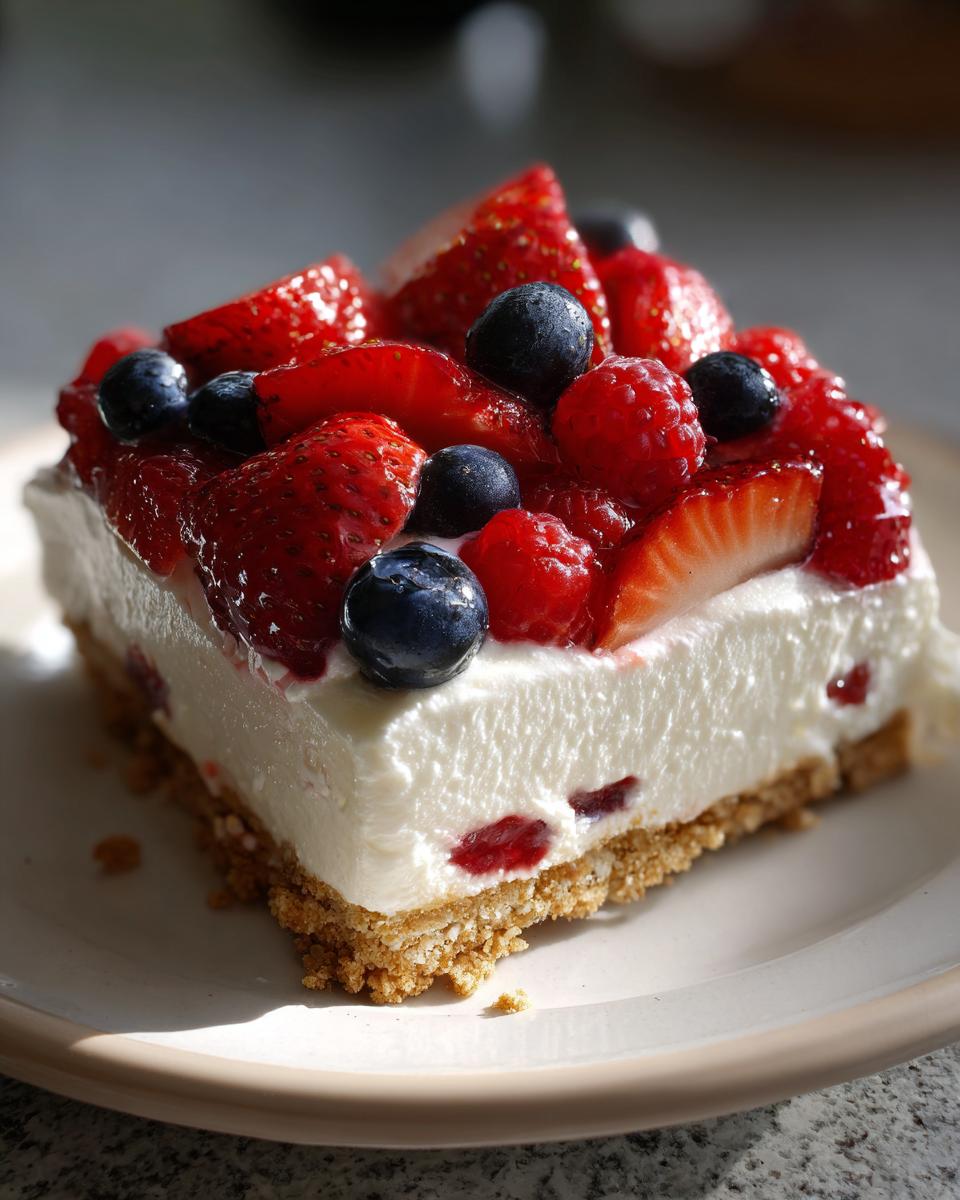 Close-up of a slice of Very Berry Dessert Lasagna topped with strawberries, blueberries, and raspberries.