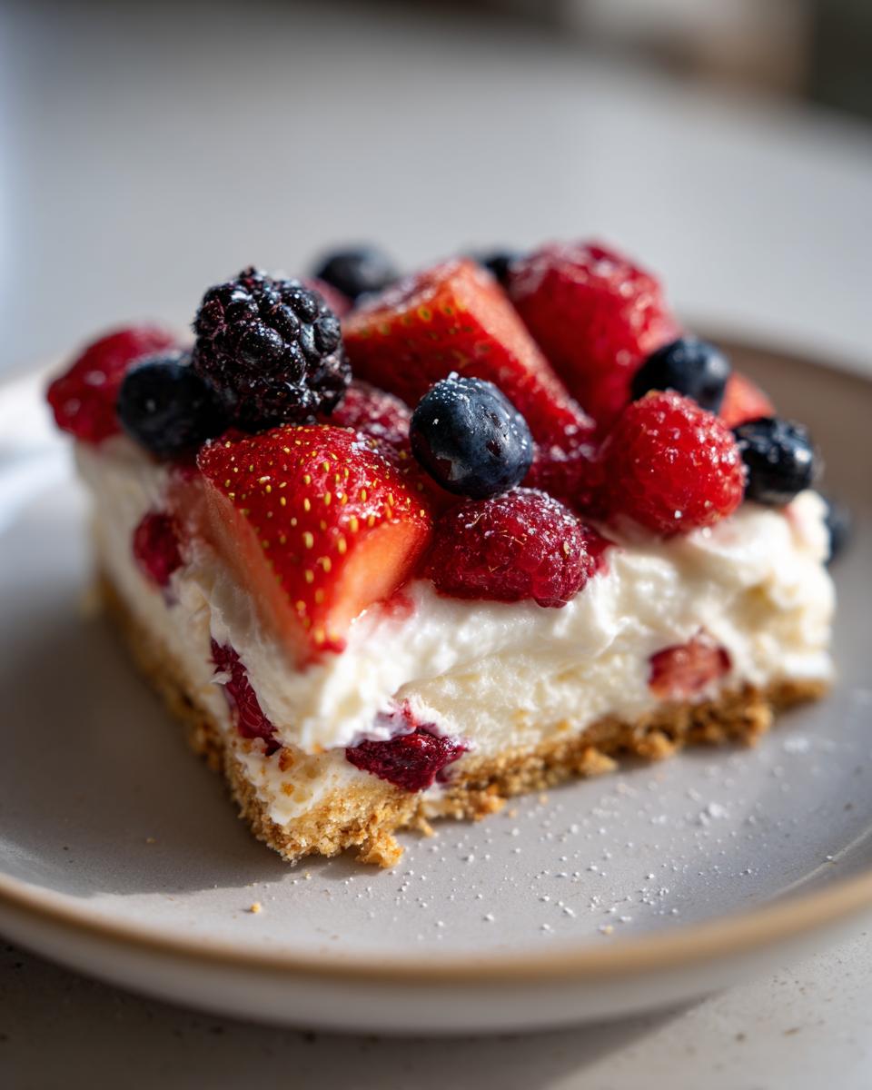 Close-up of a slice of Very Berry Dessert Lasagna topped with strawberries, blackberries, blueberries, and raspberries.