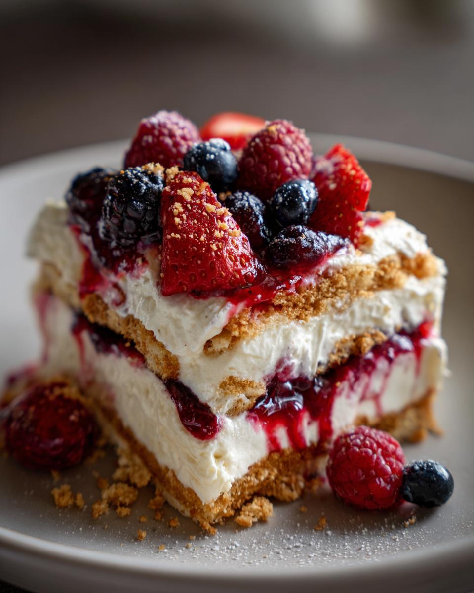 Close-up of a slice of Very Berry Dessert Lasagna topped with strawberries, raspberries, blueberries, and blackberries.